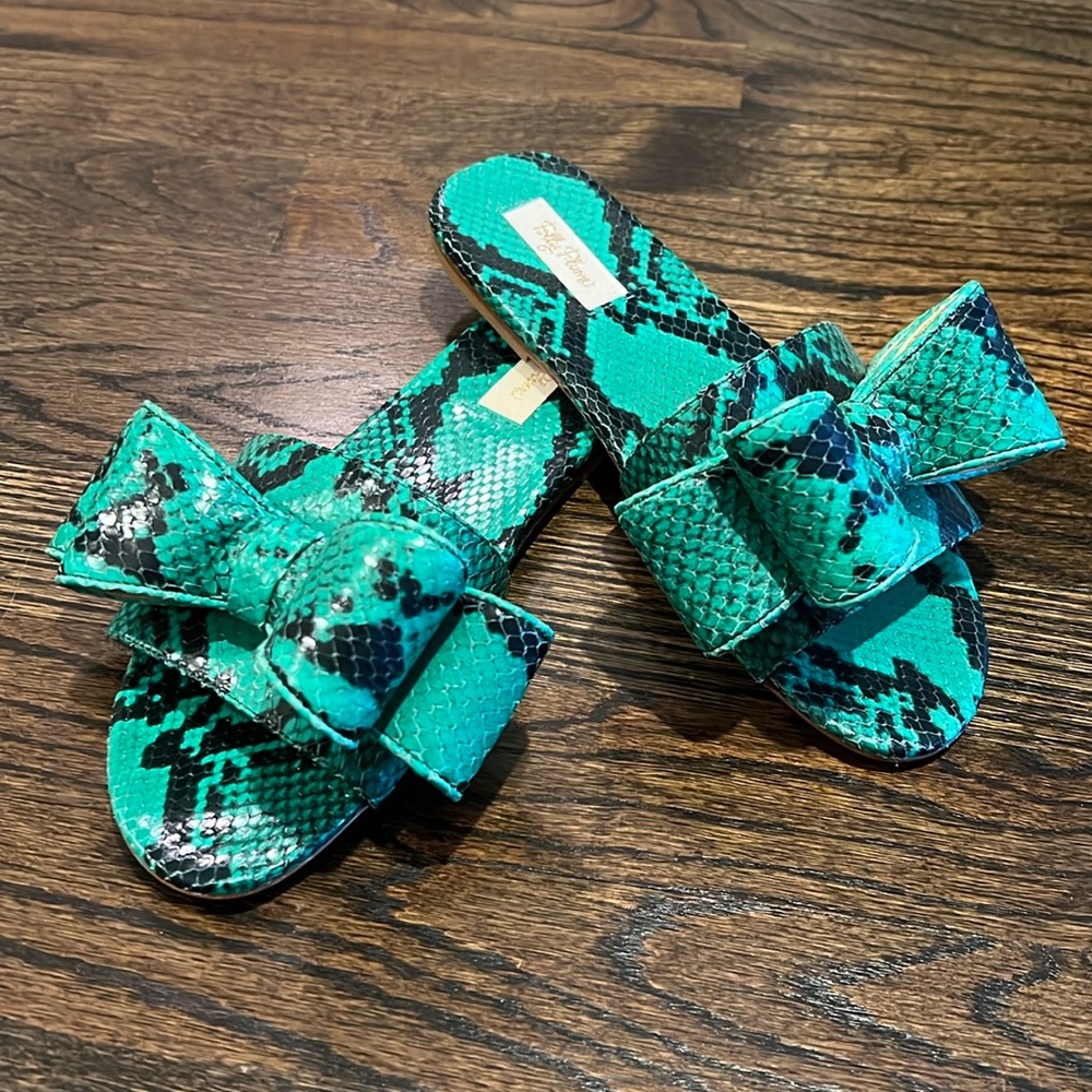 Teal Snake-Print Bow Slide Sandals - Women